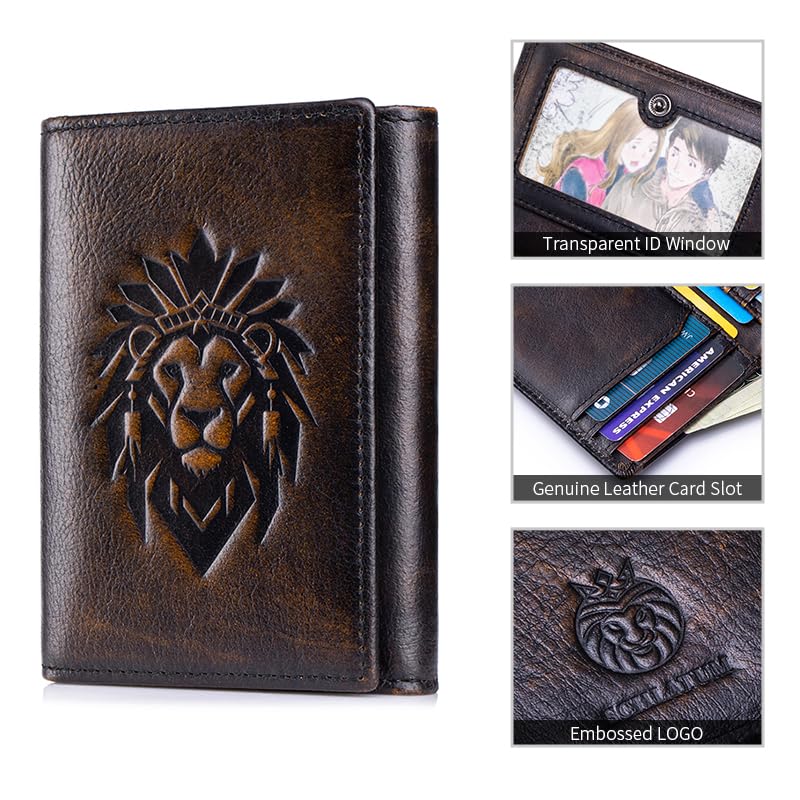 Trifold Wallets for Men RFID Blocking Full Grain Leather Short Mens Wallet with Snap Closure, 8 Card Slots, Clear ID Window, Vintage - color: Vintage