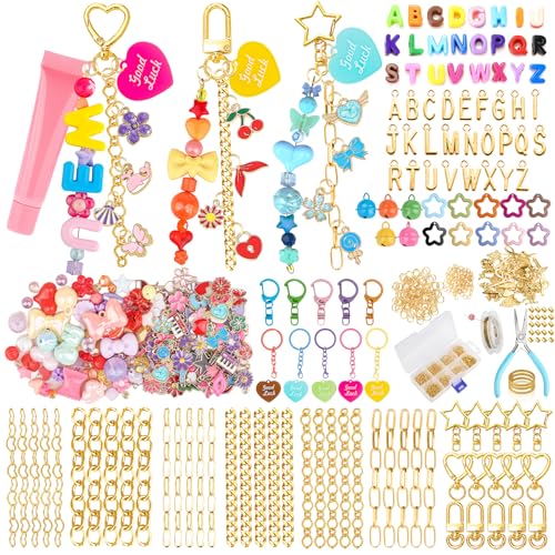 Ecoofor 502 Pcs Keychain Making Kit - Includes 25 Keychain Clips, 30 Extender Chains, 162 Charms, Beading Accessories, Jewelry Pliers - DIY Bag Charms & Jewelry Craft Kit Supplies - color: Gold-502Pcs Kit