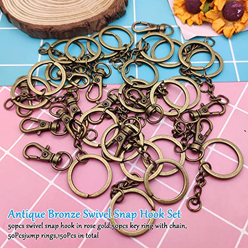 150Pcs Swivel Snap Hook Set,Swivel Clasps Lanyard Snap Keychain Hooks Lobster Clasp Split Key Rings with Chain and Jump Rings Bulk for Keychain Lanyard,Jewelry,DIY Crafts Supplies - color: Antique Bronze