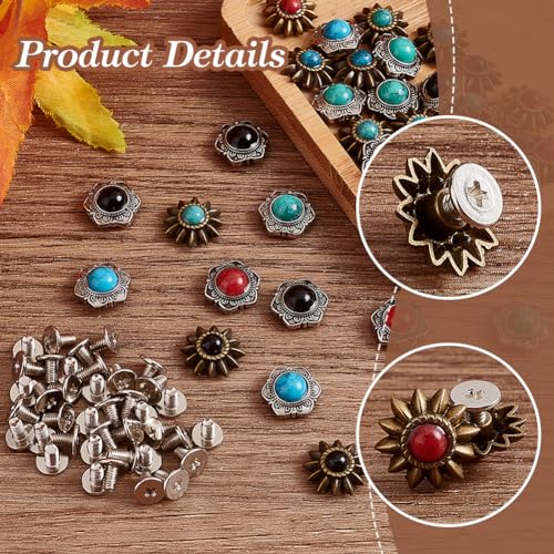 AHANDMAKER 40 Sets 8 Style Coin Screw Rivets Decorative Buckle Sunflower Shape Castings Screw Back Button for Leather Screw Back Manual DIY Decoration