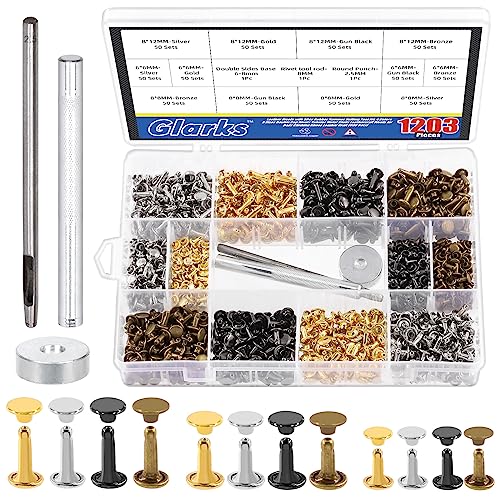 Glarks 600 Sets Leather Rivets with 3Pcs Setting Tool Kit, 4 Colors 3 Sizes Double Cap Rivets Tubular Metal Studs Leathercraft Rivets for Bags Clothing Shoes Leather Craft - color: 600 Sets