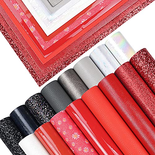 16 Pieces 8x6 Inch New Contrast Colors Black White Red Series Faux Leather Fabric Sheets Include Metallic Litchi Daisy Fine Chunky Glitter Patent Butterfly for Leather Earring Bows Making - color: Black White Red Series