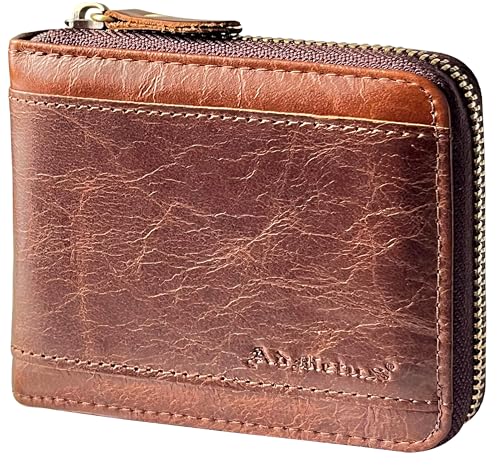 Admetus Mens Zipper Wallet Leather Zip Bifold RFID Blocking Card Holder - color: Brown159
