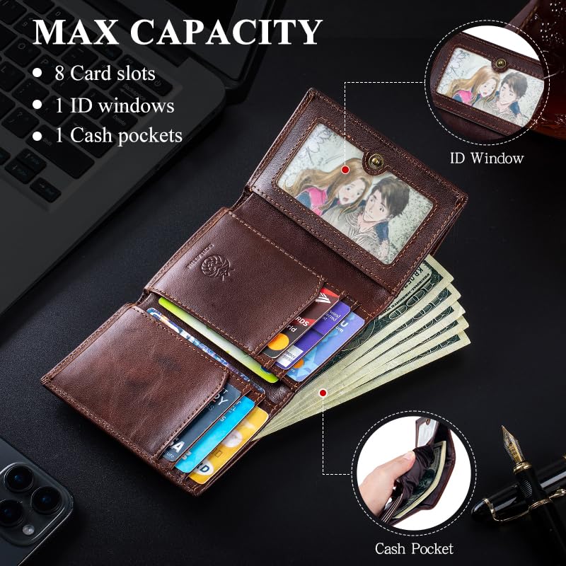Trifold Wallets for Men RFID Blocking Full Grain Leather Short Mens Wallet with Snap Closure, 8 Card Slots, Clear ID Window, Coffee - color: Coffee