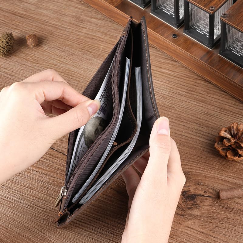Men's RFID Blocking Wallet Cowboy Genuine Natural Crazy Horse Leather Bifold Wallet for Men With Zipper (Dark Brown) - color: Dark Brown