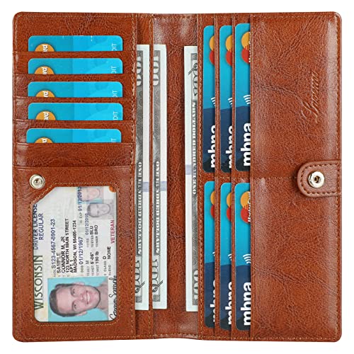 Ultra Slim Thin Leather Women Wallet RFID Blocking Credit Card Holder Bifold Long Ladies Billfold - color: 1-waxed Brown