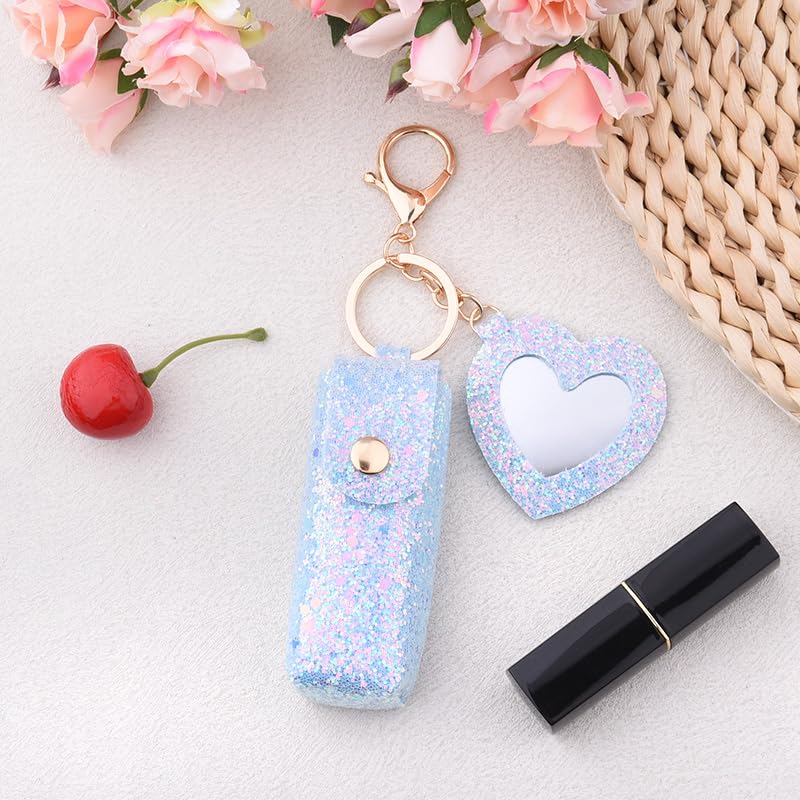 Sisadodo Glitter Lip Oil Holder Key Chains for Woman Lipstick Case with Mirror Lip Balm Keychain for Lipstick Case Keychain - color: Blue-heart