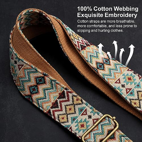 Nefelibata Purse Strap-2" Crazy Horse Leather Wide Shoulder Strap Adjustable Replacement,Retro Jacquard Embroidery Multi-pattern Crossbody Bag Straps for Handbag,Crossbody Bags(Ethnic style apricot) - color: Ethnic Style Apricot