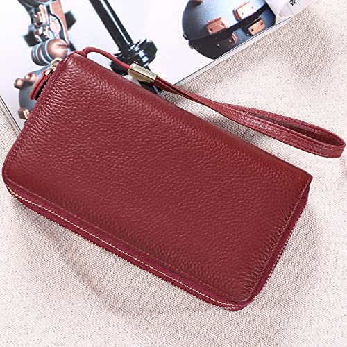 SENDEFN Leather Women Wallet RFID Blocking Zipper Around Phone Holder Clutch Wristlet Large Capacity - color: Cardinal Red