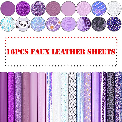 16 Pieces 8x6 Inch New Contrast Colors White Purple Light Purple Series Faux Leather Fabric Sheets Include Litchi Daisy Fine Chunky Glitter Butterfly Panda Leopard for Leather Earring Bows Making - color: White Purple Light Purple Series