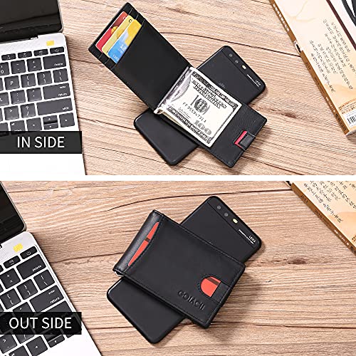 FALAN MULE Mens Wallets，Slim Leather Wallet for Men with Money Clip RFID Blocking Card Holder Minimalist Mini Bifold - color: L-black