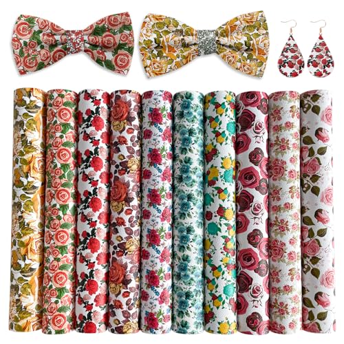 10 Pcs Blossom Floral Synthetic Leather Fabric 8.3" x 11.8" Red Rose Flower Vinyl Sheets for DIY Handmade Earrrings Hair Bows - color: Red