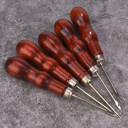Sewing Hook Awl,5PCS Wooden Handle Awl Hole Punch Sewing Stitching Awl Tool Shoe Repair Tool Leather Sewing Crochet Awl for DIY Leather Craft Sewing