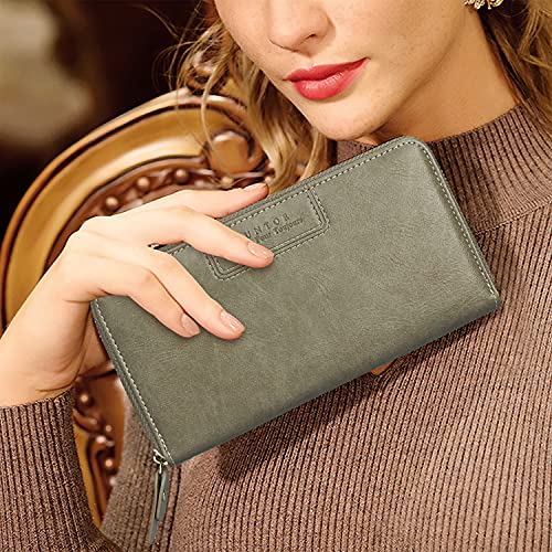 FT FUNTOR Wristlet Wallets for Women, Ladies PU Vegan Leather Clutch Wallet Zip around Phone Purse Card Holder Organizer - color: O-Aloe Green