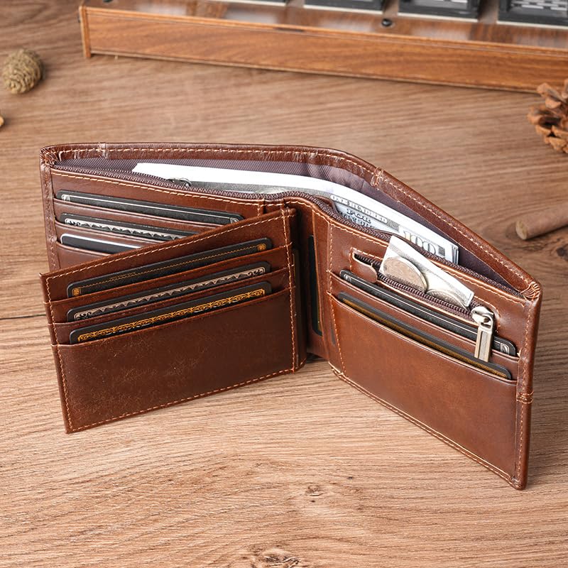 YINGWDA Wallet for Men, Large Capacity Genuine Leather Bifold RFID Blocking Wallet with Coin Pocket, Zipper Pocket Inside,14 Card Slots,1 Back pocket, ID Window & 2 Cash Pocket (Oil Coffee Brown) - color: Oil Coffee Brown