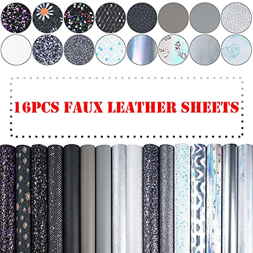 16 Pieces 8x6 Inch New Contrast Colors Black Silver Series Faux Leather Fabric Sheets Include Metallic Litchi Fine Chunky Glitter Holographic Butterfly Patent Embossing for Leather Earring Bows Making - color: Black Silver Series