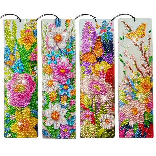 4 Pcs LINGFANG Diamond Painting Bookmark, Leather DIY Book Makers for Adults Book Lovers, Diamond Art Beginners, Small Diamond Art Kits, Art Crafts Supplies Gift for Girls (Flower Butterfly) - color: Four Flower
