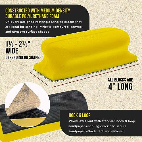 Dura-Gold 12-Piece Contoured Profile 4" Hand Sanding Block Set with 40 Sheet Hook & Loop Sandpaper Kit - Interchangeable Assorted Convex & Concave Shapes - Sand Wood Woodworking Furniture, Auto Paint - size: 12-Piece