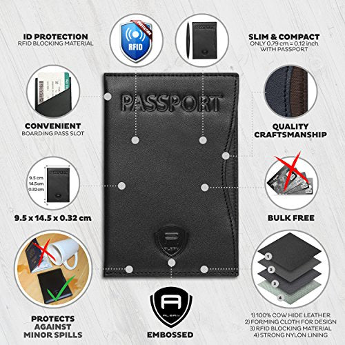 Alban RFID Passport Holder for Women & Men, Genuine Leather Passport Cover - color: Black