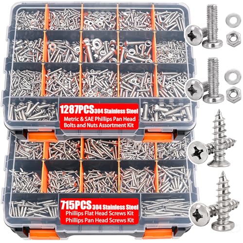 Twidec/2002PCS 304 Stainless Steel Hardware Assortment Kit,Metric & SAE Machine Screw Kit,Nuts And Bolts Assortment,Phillips Pan Head & Flat Head Screws And Washers with Double Sided Organizer Box - color: Silver SS 2002PCS#4#6#8#10#1/4#3/8#5/16M3M4M5M6M8