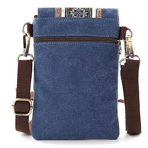 SILKAREA Vintage Embroidered Canvas Flip Small Crossbody Bag Cell Phone Pouch for Women Wristlet Wallet Bag Coin Purse - color: Navy Blue