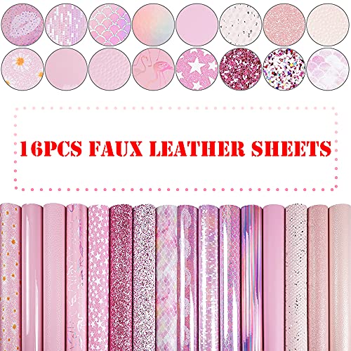 16 Pieces 8x6 Inch Pink and Baby Pink Series Faux Leather Fabric Sheets Include Metallic Litchi Fine Chunky Glitter Holographic Flamingo Patent Embossing Mermaid Scale for Leather Earring Bows Making - color: Pink Baby Pink Series