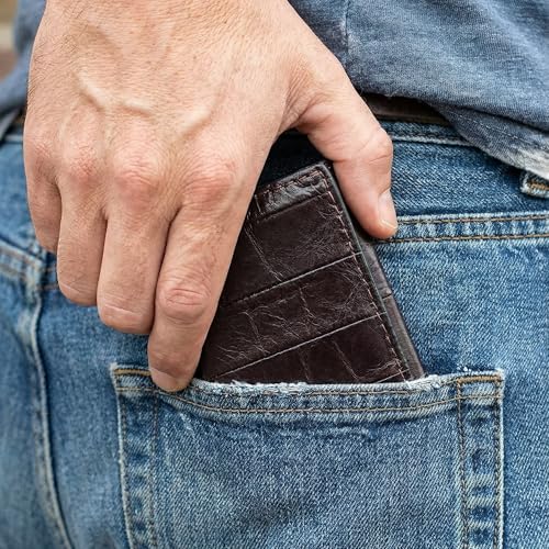 Genuine Pacific Eel Skin Trifold Brown Leather Wallet for Men, Nine Card Slots, Black Leather Interior
