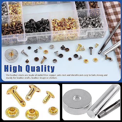 Glarks 600 Sets Leather Rivets with 3Pcs Setting Tool Kit, 4 Colors 3 Sizes Double Cap Rivets Tubular Metal Studs Leathercraft Rivets for Bags Clothing Shoes Leather Craft - color: 600 Sets