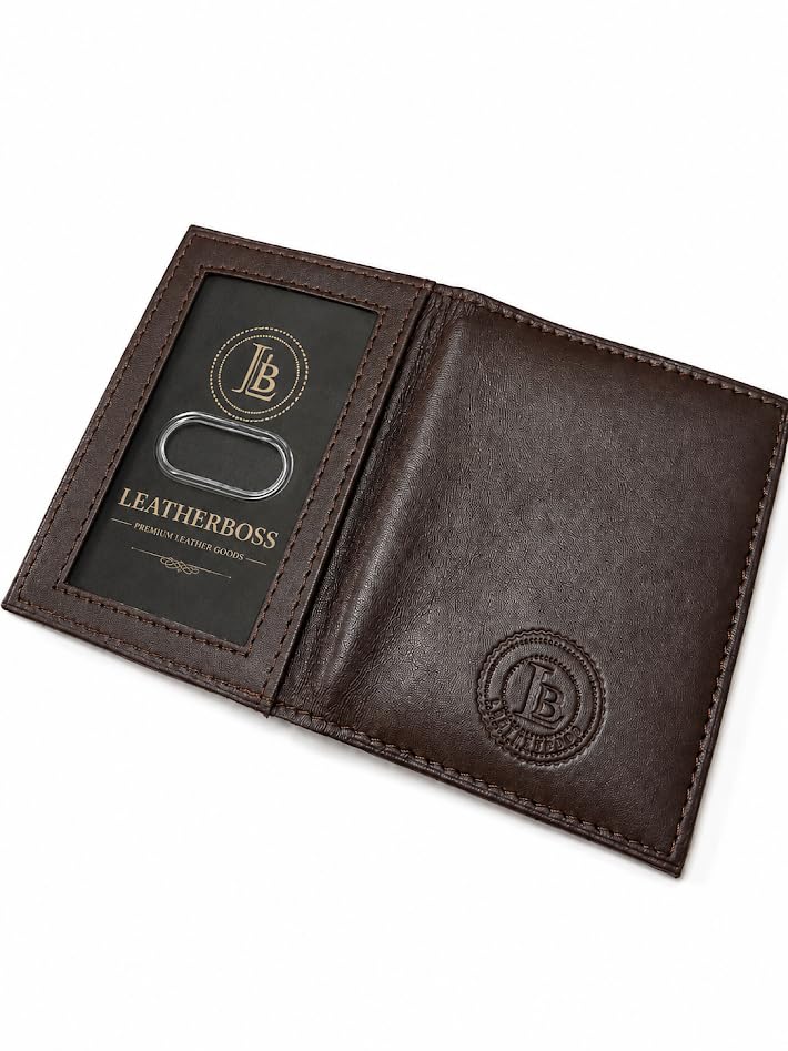 LB LEATHERBOSS Slim Thin Leather Credit Card Triple ID Window Mini Wallet Bifold Driver License Safe (Brown) - color: Brown