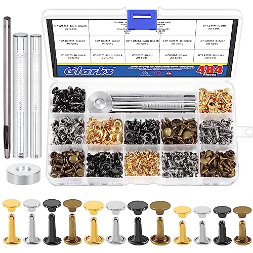 Glarks 240 Sets Leather Rivets with 4Pcs Setting Tool Kit, 4 Colors 3 Sizes Double Cap Rivets Tubular Metal Studs Leathercraft Rivets for Bags Clothing Shoes Leather Craft - color: 240 Sets