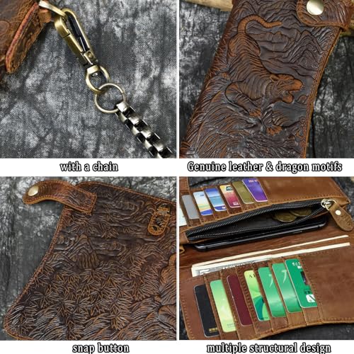 Motorcycle Chain Wallet for Men Tri-fold Long Biker Wallet with Heavy Duty Chain for Bikers Truckers Hunters - color: 10-Brown with Tiger