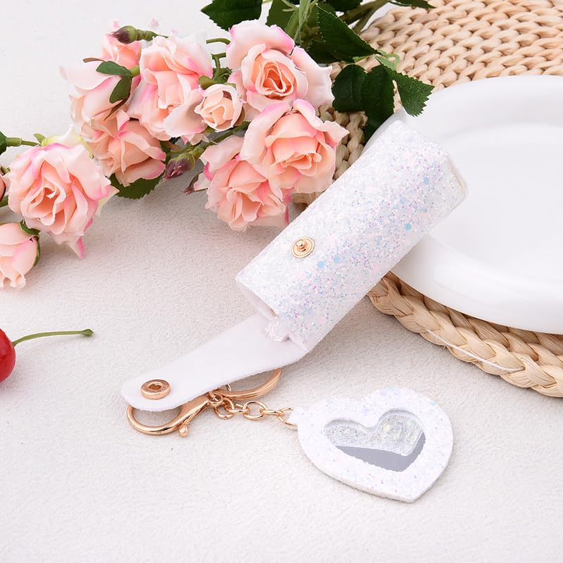 Sisadodo Glitter Lip Oil Holder Key Chains for Woman Lipstick Case with Mirror Lip Balm Keychain for Lipstick Case Keychain - color: White-heart