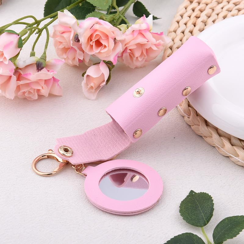 Sisadodo Lip Oil Lipstick Case with Mirror Lip Oil Lipstick Holder Key Chain for Car Keys Keychains Lipstick Organizer Case - color: Pink-round