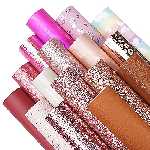 16 Pieces 8x6 Inch New Contrast Colors Champagne Gold Hot Pink Series Faux Leather Fabric Sheets Include Litchi Fine Chunky Glitter Butterfly Leopard Patent Embossing for Leather Earring Bows Making - color: Champagne Gold Hot Pink Series