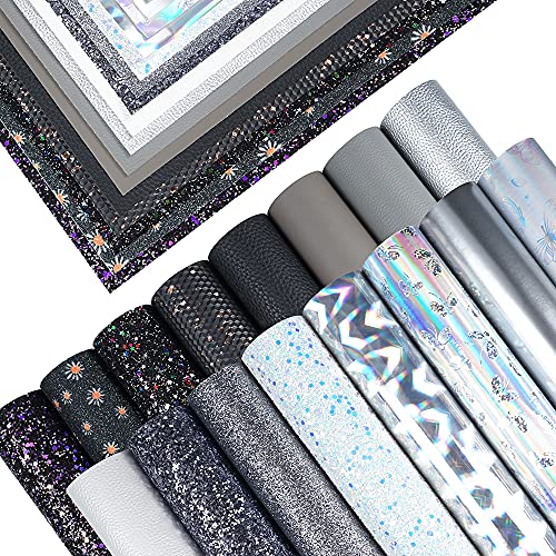 16 Pieces 8x6 Inch New Contrast Colors Black Silver Series Faux Leather Fabric Sheets Include Metallic Litchi Fine Chunky Glitter Holographic Butterfly Patent Embossing for Leather Earring Bows Making - color: Black Silver Series