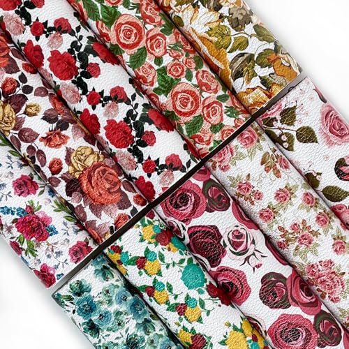 10 Pcs Blossom Floral Synthetic Leather Fabric 8.3" x 11.8" Red Rose Flower Vinyl Sheets for DIY Handmade Earrrings Hair Bows - color: Red