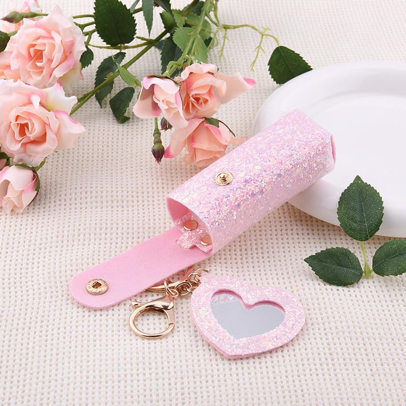 Sisadodo Lip Oil Lipstick Case with Mirror Lip Oil Lipstick Holder Key Chain for Car Keys Keychains Lipstick Organizer Case - color: Glitter Pink