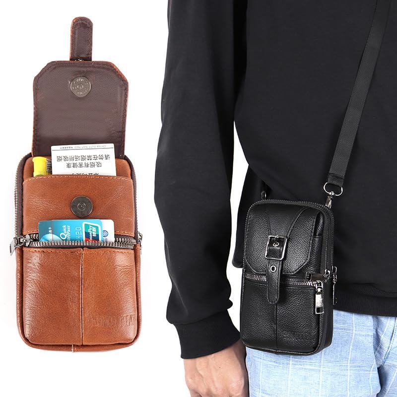 Multifunction Leather Messenger Bag Pure Handbag Fashion Pouch Shoulder Crossbody Bag Brown Genuine Cowhide Leather 4 Pockets 7.48 x 3.93 x 2.36 inches