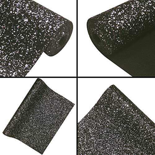 Sparkly Black with Silver Chunky Glitter Fabric Roll 12 x 52 Inch, Shiny Mixed Color Winter Halloween Faux Leather for Bows Crafts (16010#5) - color: 16010#5
