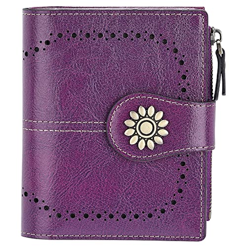 Womens Leather Wallet Small Compact RFID Blocking Credit Card Case Purse with Zipper Pocket | Small - color: Dark Purple