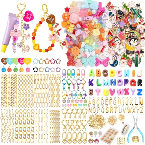Ecoofor 561 Pcs Keychain Making Kit - Includes 30 Keychain Clips, 40 Extender Chains, 178 Charms, Beading Accessories, Jewelry Pliers - DIY Bag Charms & Jewelry Craft Kit Supplies - color: Gold-561Pcs Kit