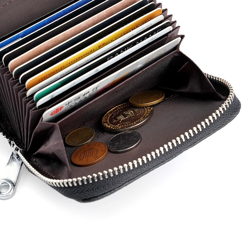 Linno RFID 20 Slots Credit Card Holder Genuine Leather Small Wallet for Women or Men with Zipper - color: New Blue