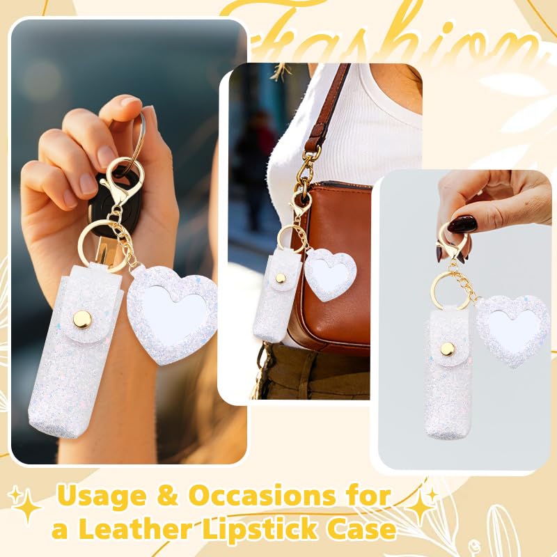 Sisadodo Glitter Lip Oil Holder Key Chains for Woman Lipstick Case with Mirror Lip Balm Keychain for Lipstick Case Keychain - color: White-heart