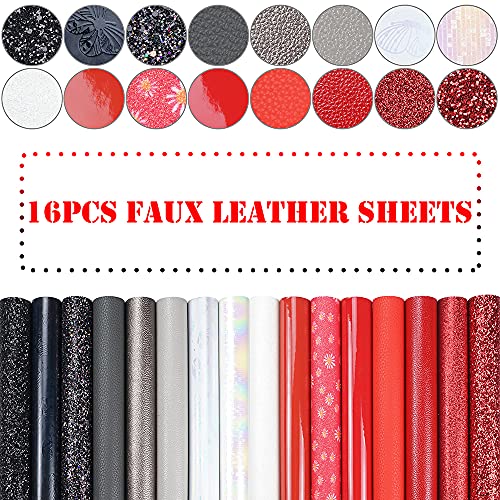 16 Pieces 8x6 Inch New Contrast Colors Black White Red Series Faux Leather Fabric Sheets Include Metallic Litchi Daisy Fine Chunky Glitter Patent Butterfly for Leather Earring Bows Making - color: Black White Red Series