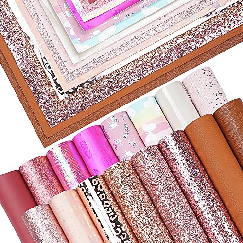16 Pieces 8x6 Inch New Contrast Colors Champagne Gold Hot Pink Series Faux Leather Fabric Sheets Include Litchi Fine Chunky Glitter Butterfly Leopard Patent Embossing for Leather Earring Bows Making - color: Champagne Gold Hot Pink Series