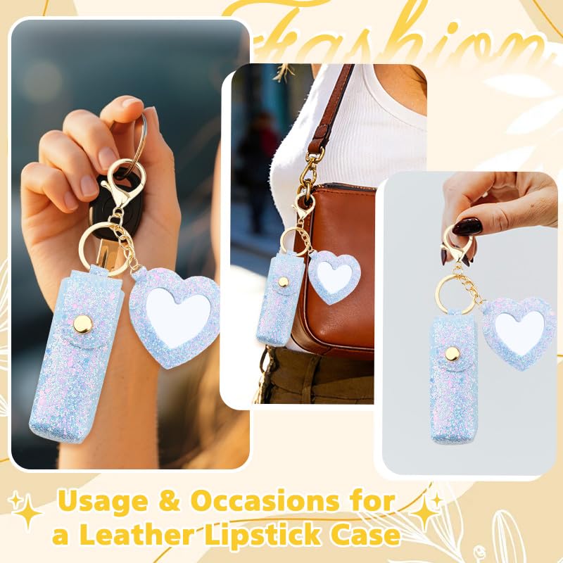 Sisadodo Glitter Lip Oil Holder Key Chains for Woman Lipstick Case with Mirror Lip Balm Keychain for Lipstick Case Keychain - color: Blue-heart