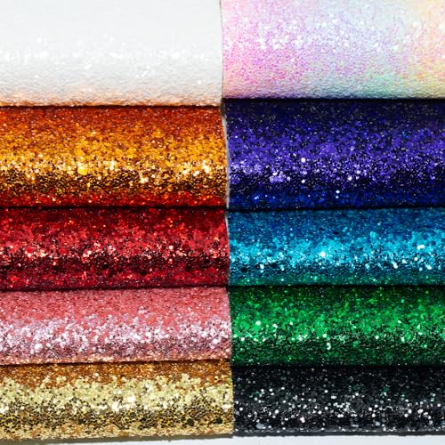 10 Pcs Neon Color Glitter Faux Leather Sheets Shimmer Chunky Sequins Synthetic Faux Fabric 8x12 Inch for DIY Earrings, Hair Bows, Pouches & Crafts - Perfect for Crafting Enthusiasts
