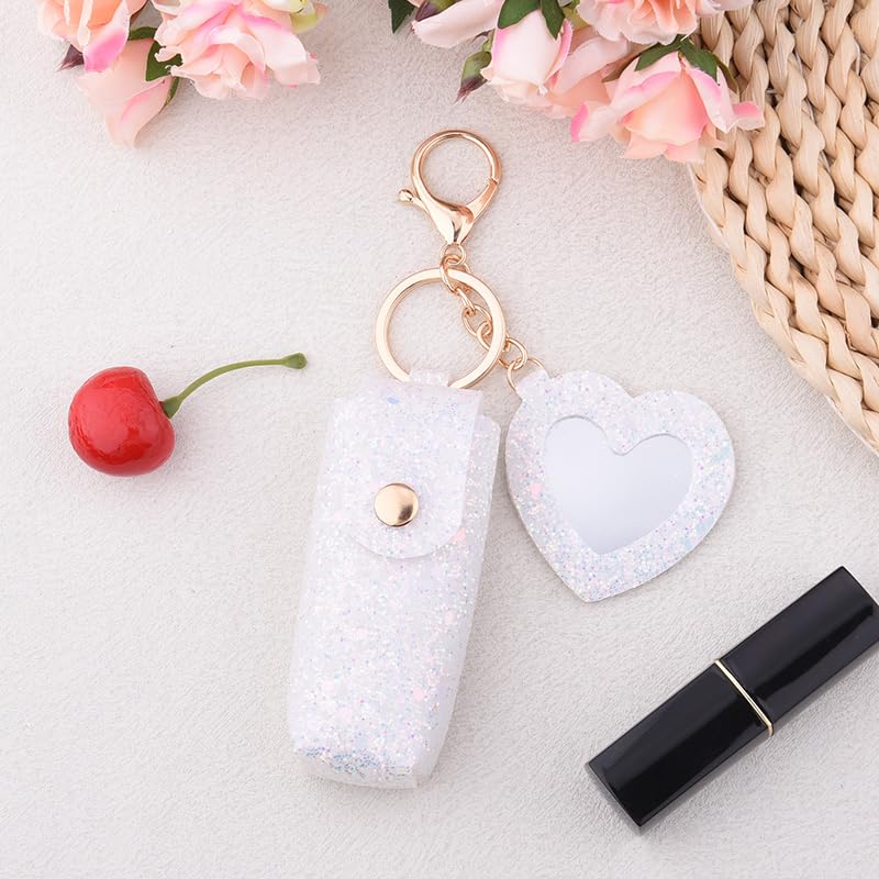 Sisadodo Glitter Lip Oil Holder Key Chains for Woman Lipstick Case with Mirror Lip Balm Keychain for Lipstick Case Keychain - color: White-heart