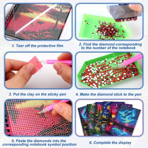 Fullhawl 6 Pack 5D DIY Diamond Art Crafts Kit for Adults Office Supplies Beginner A5 Leather Diamond Painting Gift for Women Art Cover Craft Accessories with Tool (Aurora Painting) - style: Aurora Painting