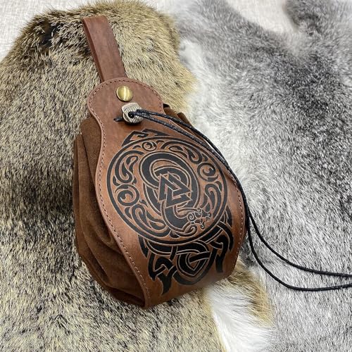 Embossed Nidhogg Valknut Leather Drawstring Belt Pouch Men Women | Portable Waist Pack,Retro Medieval Viking Knight Look,Multifunctional Bag,Ideal LARP Party Halloween Cosplay Wear,Gift,Brown - color: Nordic Nidhogg Valknut Belt Pouch- Brown